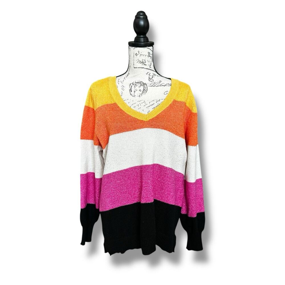 Lane Bryant Classic V-Neck Tunic Striped Orange Yellow Pullover Sweater 14/16 - Picture 2 of 5